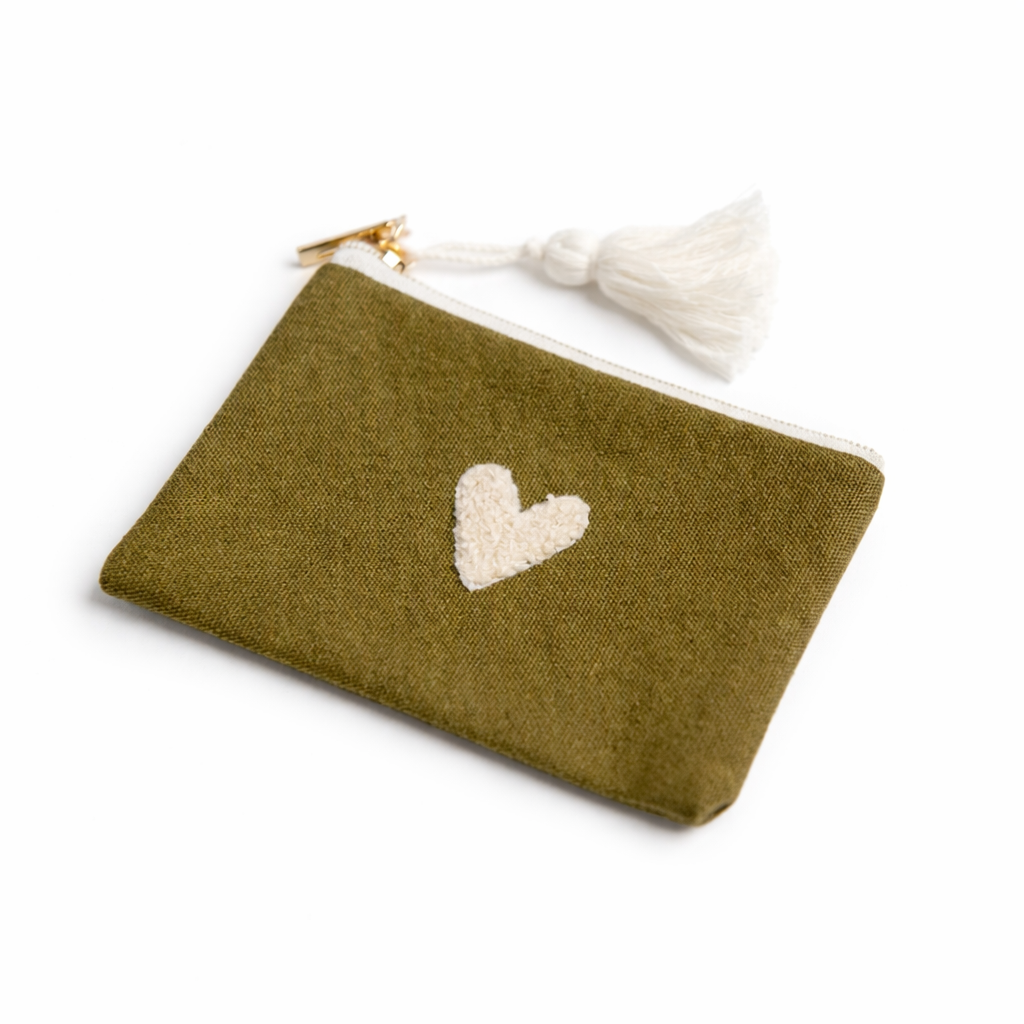 Porte monnaie "Petit Cœur" en Lin – Vert Olive 💚